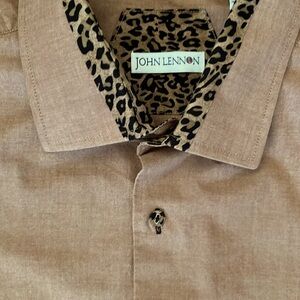 John Lennon Leopard Button Down Shirt Contrast Collar Flip Cuff Embroidered
